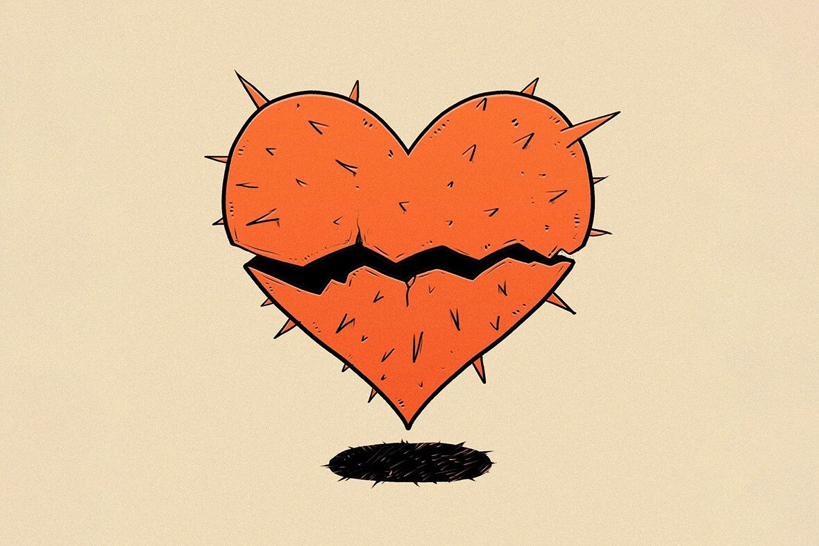 disegno di un cuore arancione, spezzato e pieno di spine