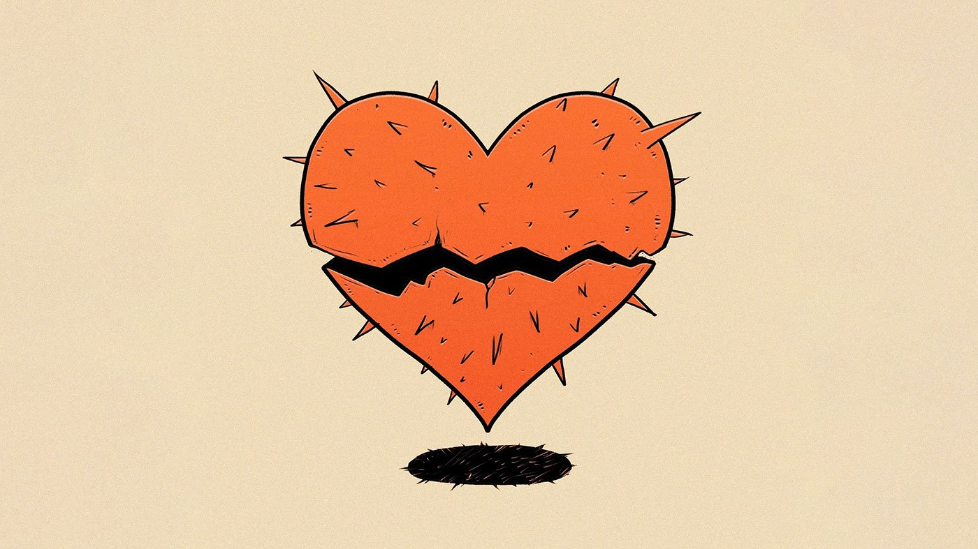 disegno di un cuore arancione, spezzato e pieno di spine