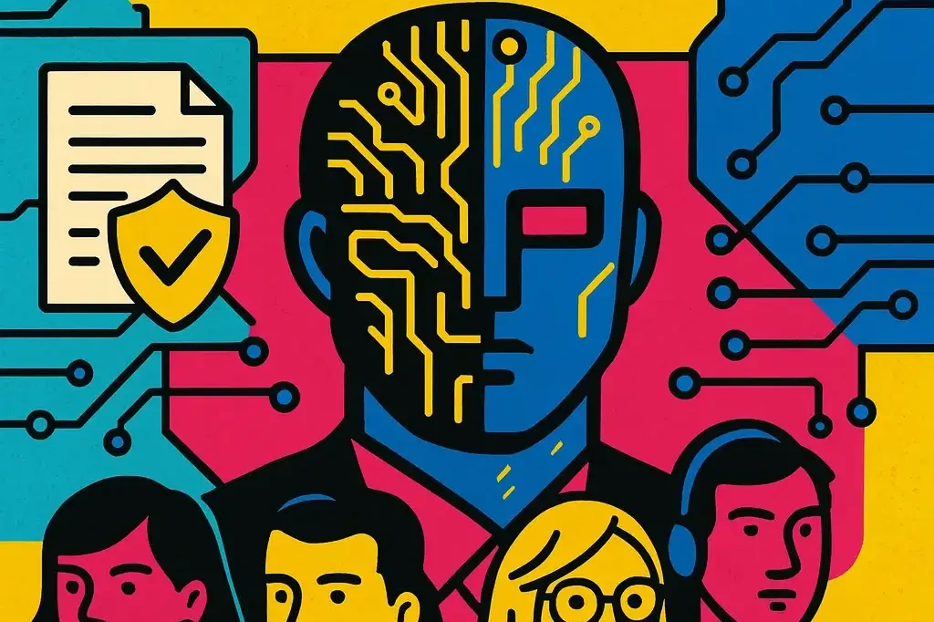 Illustrazione pop art con gruppo di professionisti e un volto metà umano e metà digitale, accompagnata dal titolo “AI Compliance: A Shared Responsibility”