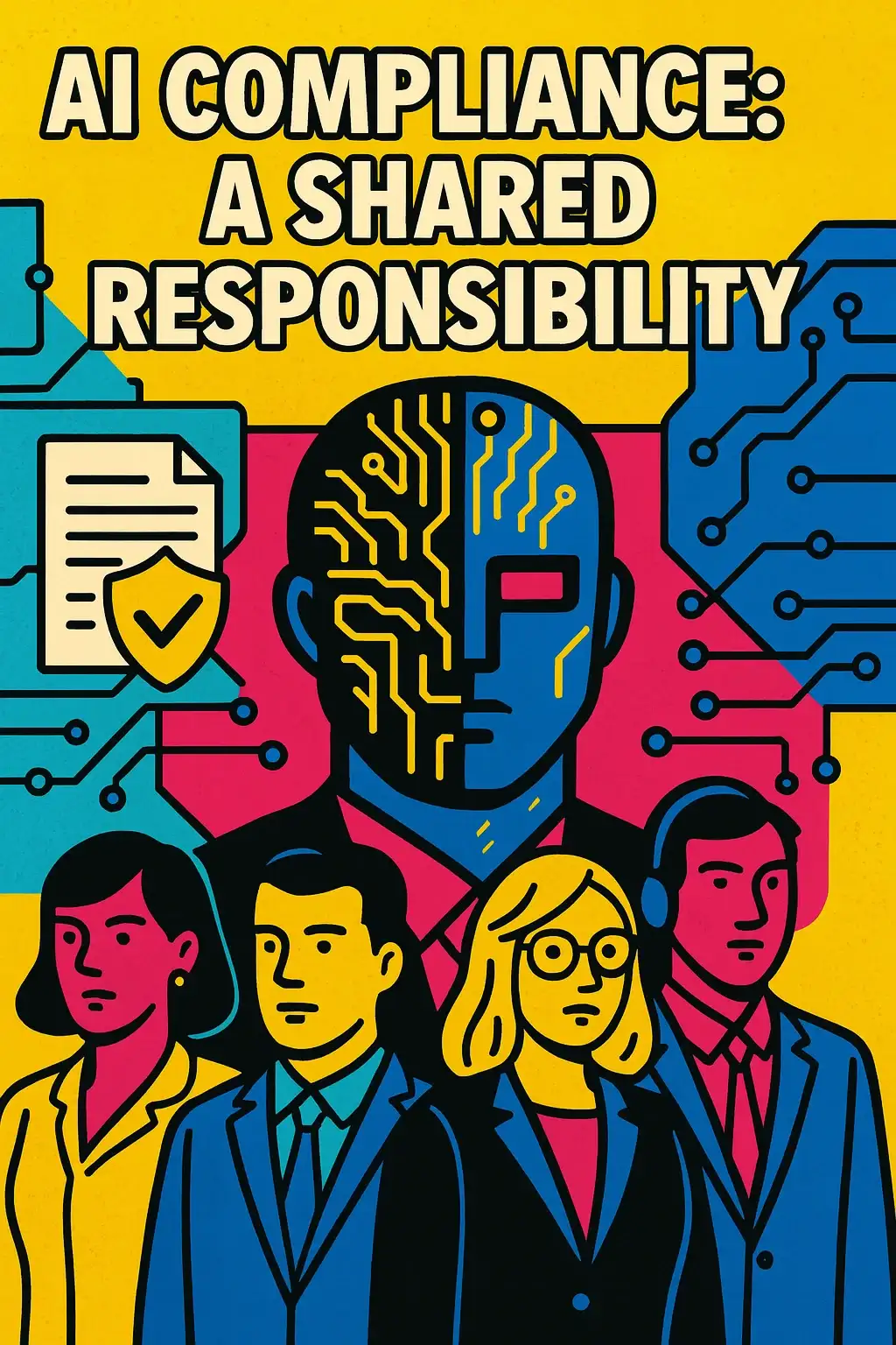 Illustrazione pop art con gruppo di professionisti e un volto metà umano e metà digitale, accompagnata dal titolo “AI Compliance: A Shared Responsibility”
